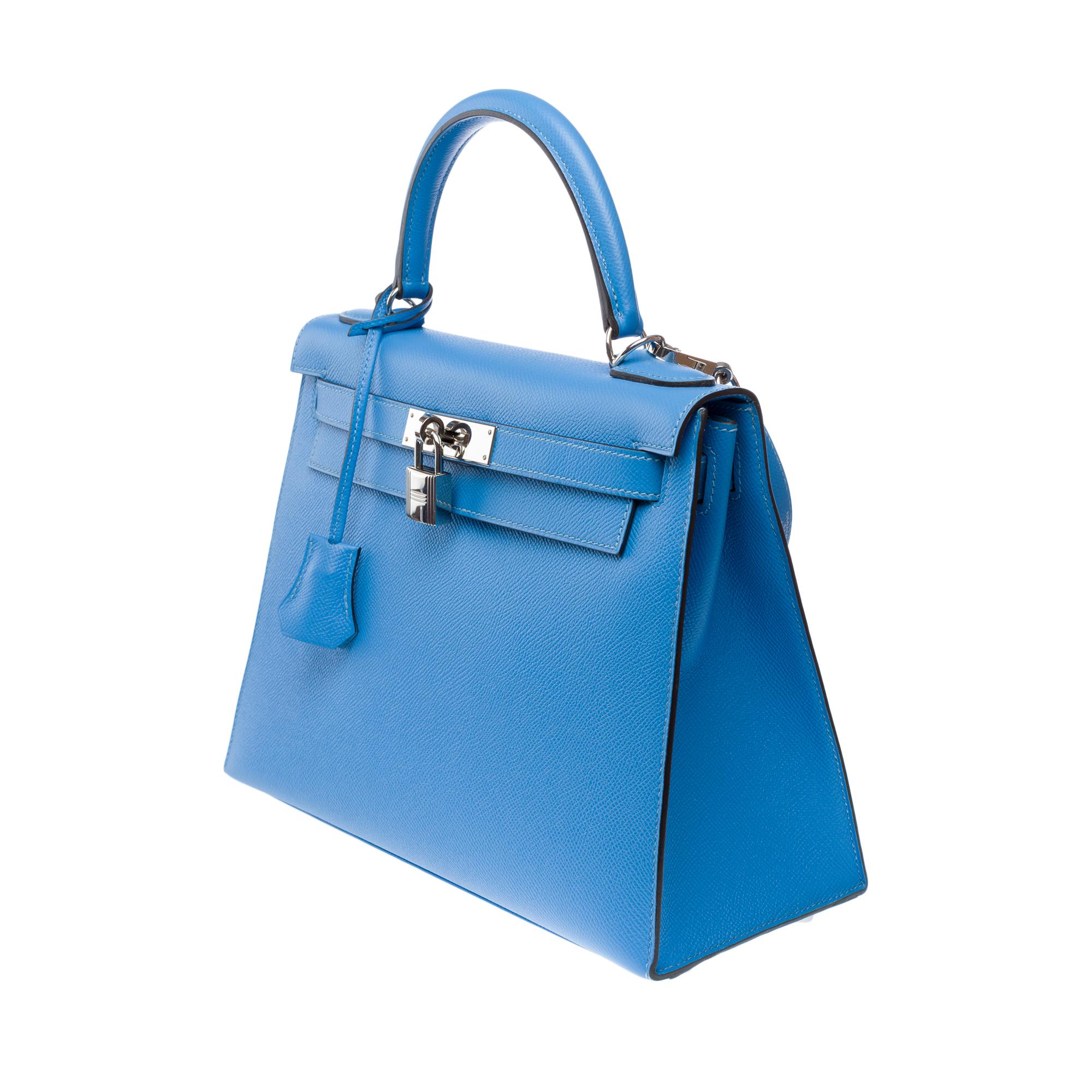 Lanière de sac à main Hermès Kelly 28 en cuir d'epsom Bleu Paradis, PHW 2