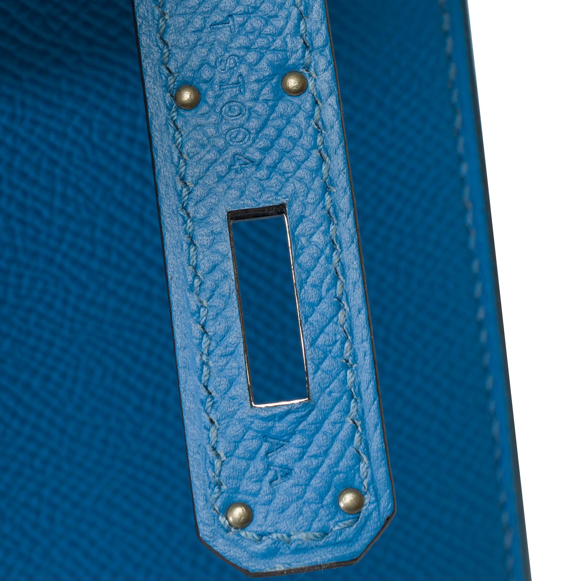 Lanière de sac à main Hermès Kelly 28 en cuir d'epsom Bleu Paradis, PHW 5