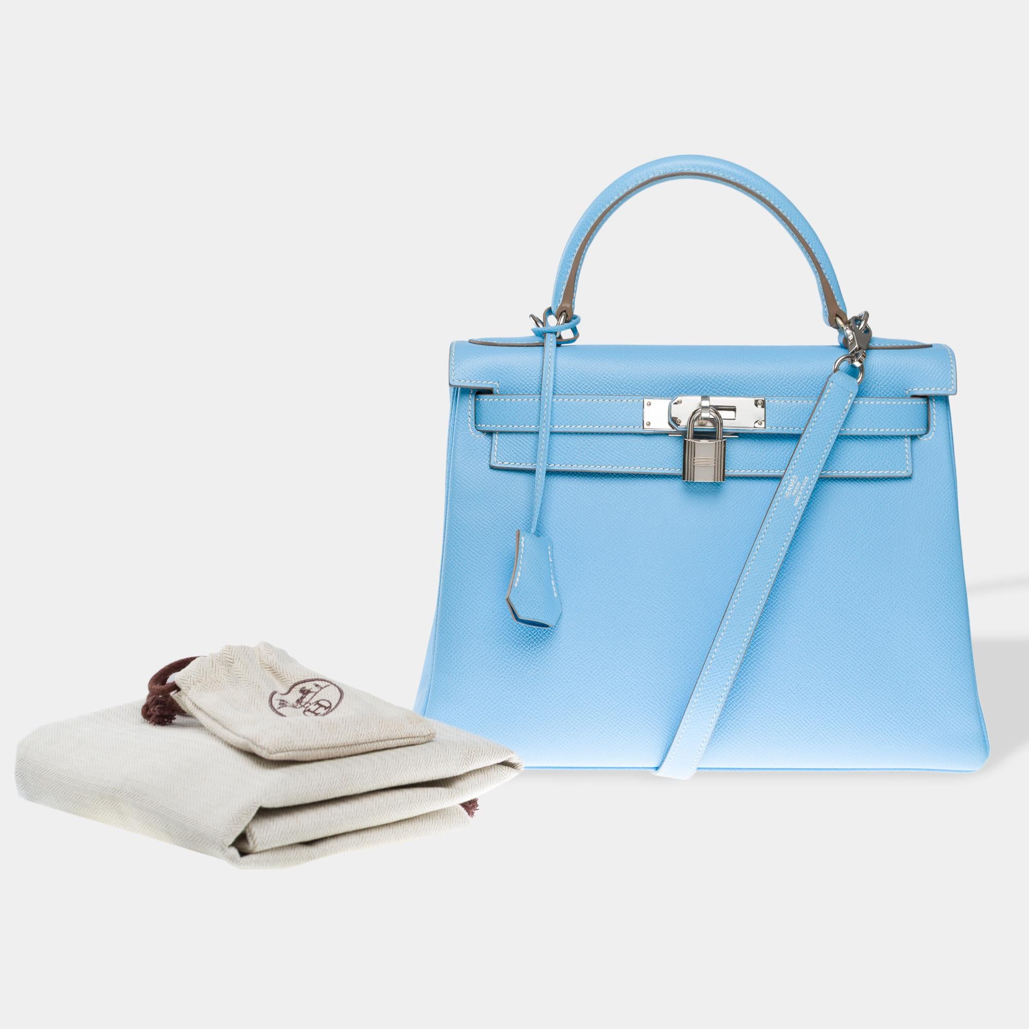 Magnificent​ ​Hermes​ ​Kelly​ ​28​ ​retourne​ ​handbag​ ​strap​ ​in​ ​Blue​ ​Celeste​ ​Epsom​ ​calf​ ​leather​ ​with​ ​white​ ​stitching,​ ​palladium​ ​silver​ ​metal​ ​trim,​ ​simple​ ​handle​ ​leather​ ​for​ ​hand​ ​or​ ​shoulder​ ​or​ ​crossbody​
