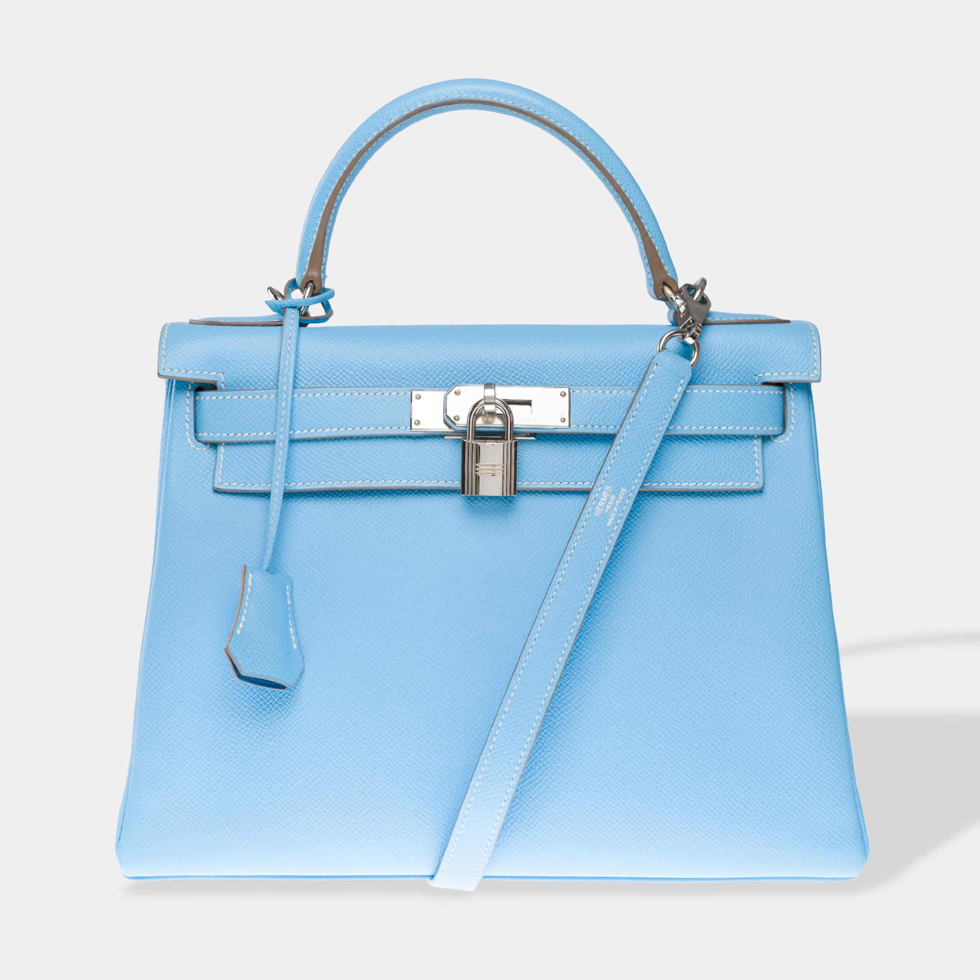 Hermès Kelly 28 handbag strap in Blue Celeste Epsom Calf leather, PHW In Excellent Condition In Paris, IDF