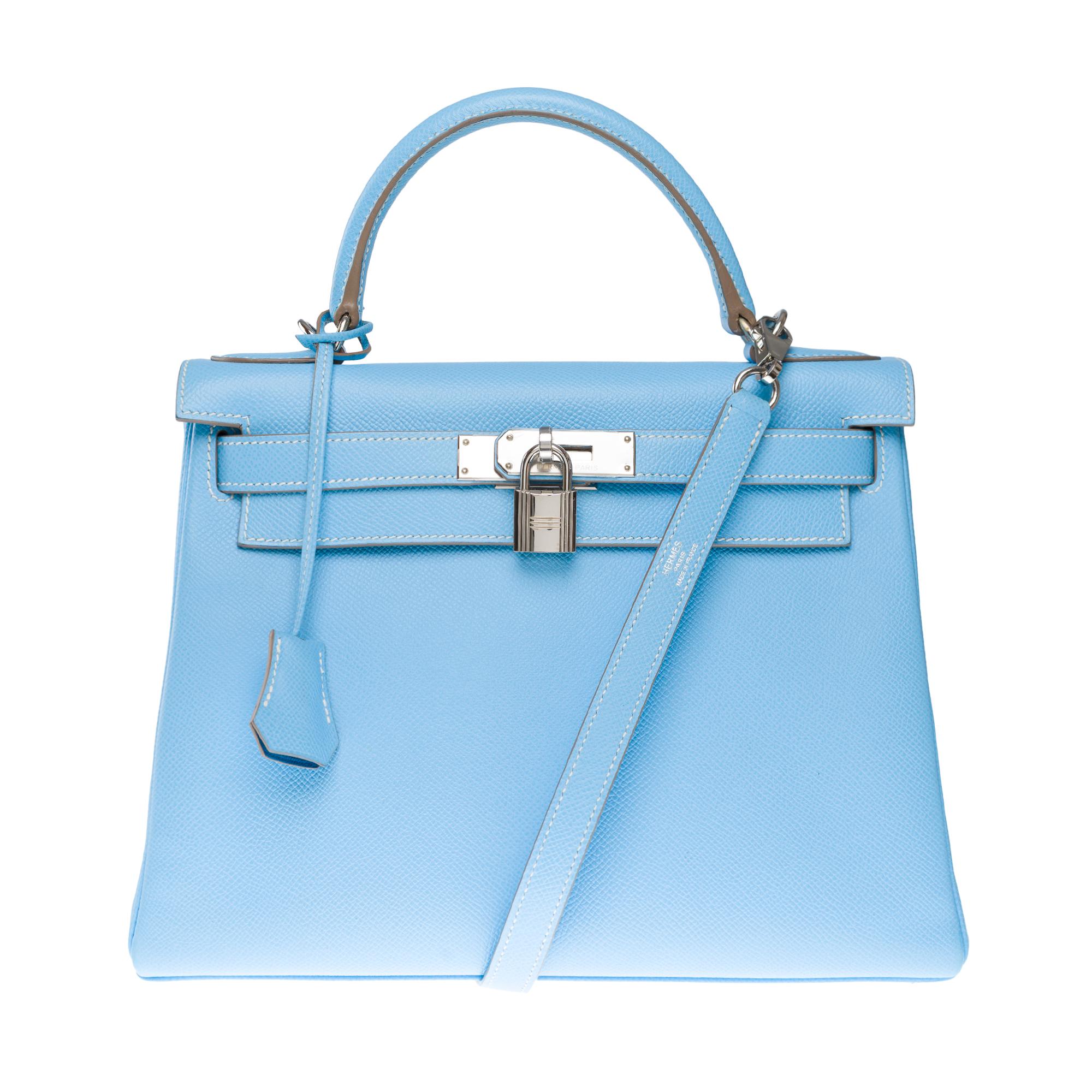 Women's Hermès Kelly 28 handbag strap in Blue Celeste Epsom Calf leather, PHW