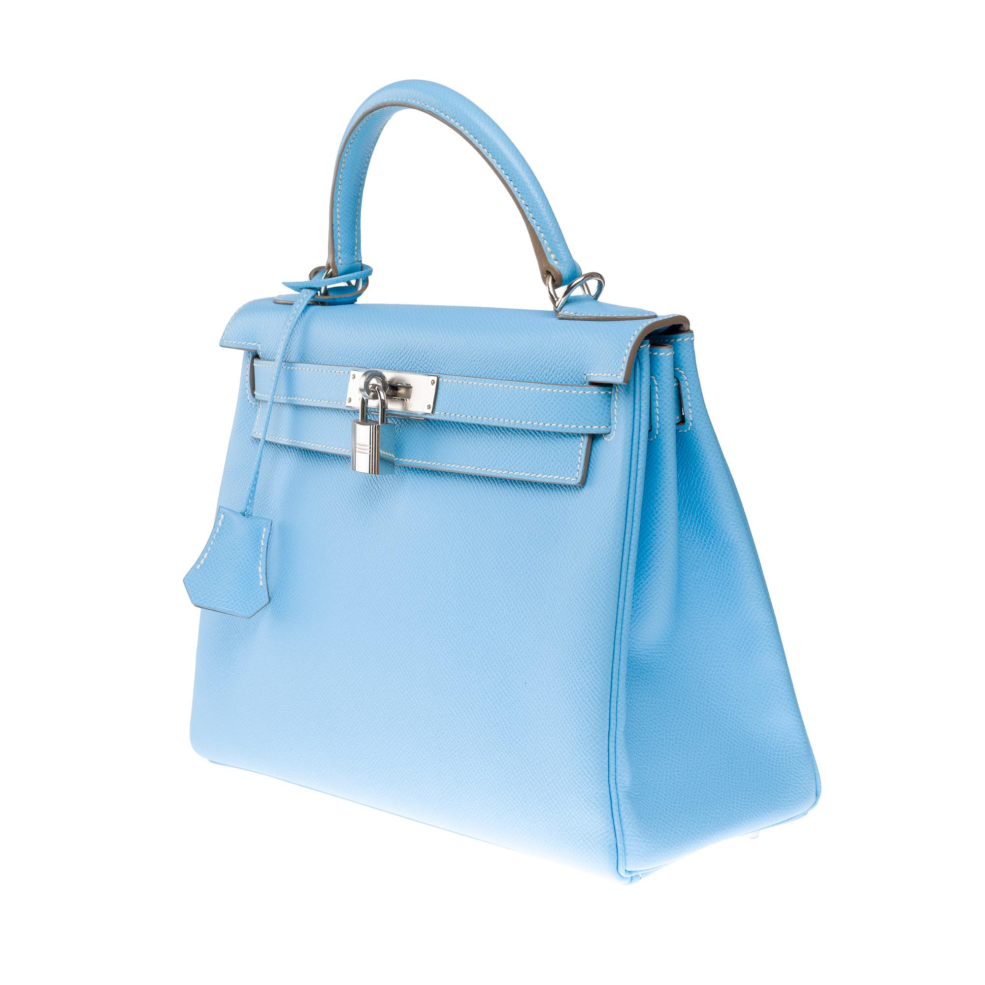 Hermès Kelly 28 handbag strap in Blue Celeste Epsom Calf leather, PHW 2