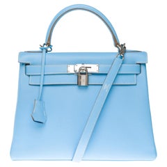 Hermès Kelly 28 handbag strap in Blue Celeste Epsom Calf leather, PHW