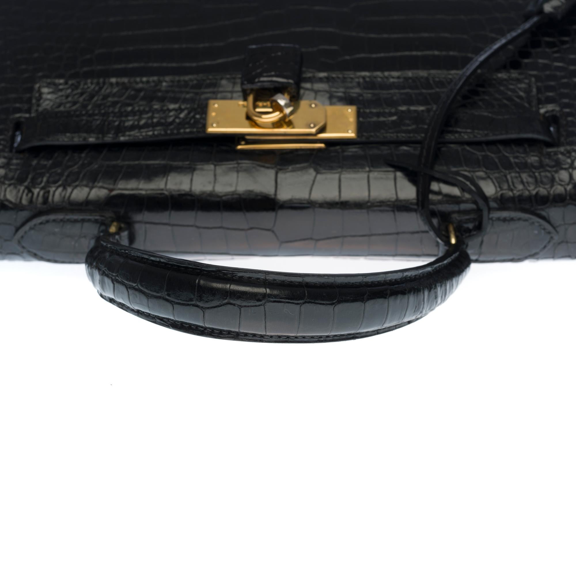 Hermès Kelly 28 con tracolla in pelle di coccodrillo Porosus nera e GHW 1