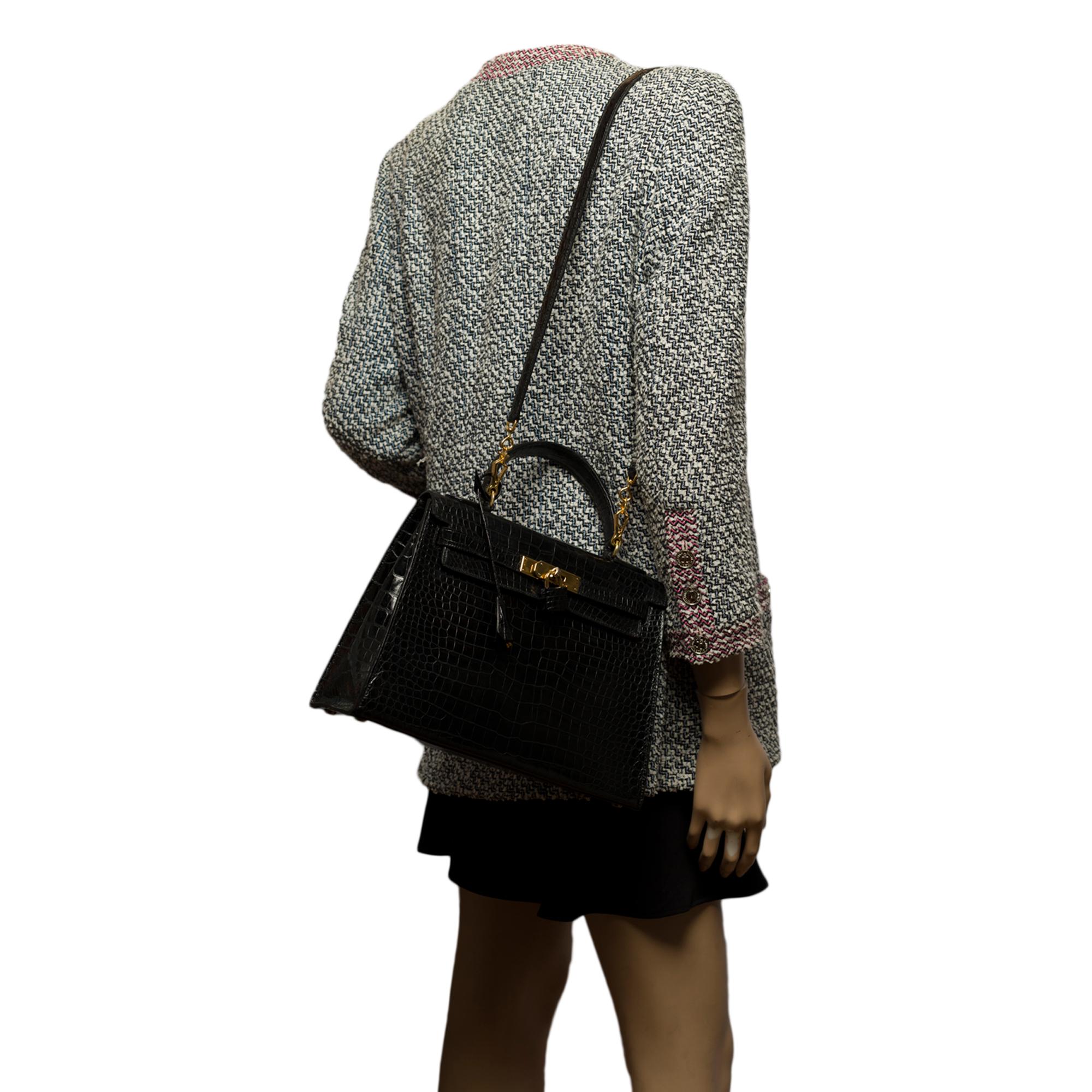 Hermès Kelly 28 con tracolla in pelle di coccodrillo Porosus nera e GHW 4