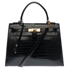 Sac à main Hermès Kelly 28 avec bandoulière en cuir de crocodile Porosus noir et GHW