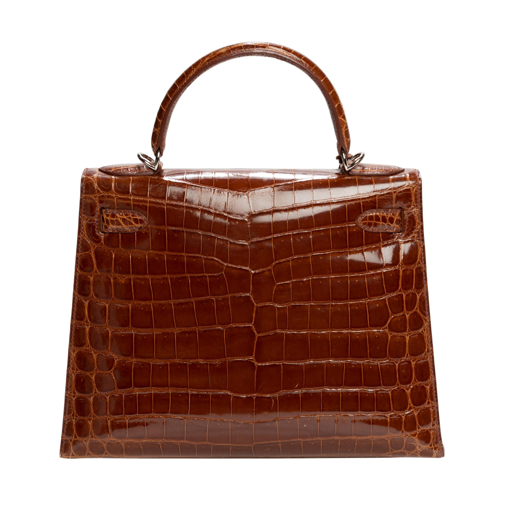Brown Hermès Kelly 28 handbag with strap in crocodile 