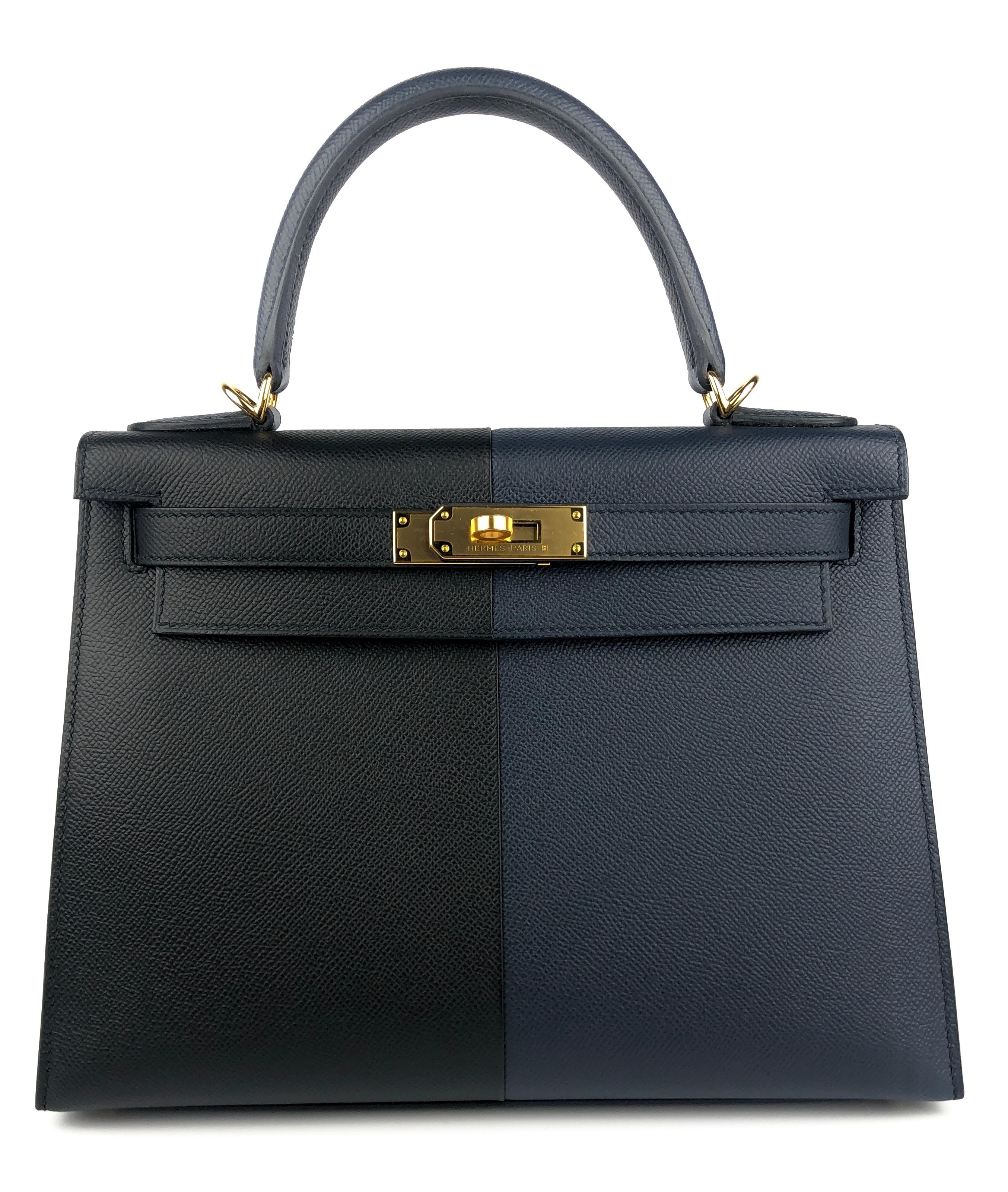 Absolutely Stunning Rare As New Limited Hermes Kelly 28 Sellier Casaque Tri Color Black, Blue Indigo and Blue Frida Epsom Leather complimented by Gold Hardware. As New with Plastic on all hardware and feet. 2020 Y Stamp. 

Shop with Confidence from