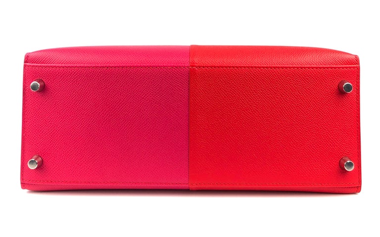 Hermès Kelly 28 Sellier Limited Edition Rouge De Coeur Rose Extreme Bleu  Zanzibar Tricolor Epsom with Palladium Hardware - Bags - Kabinet Privé