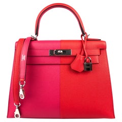 Hermes Kelly 28 Sellier Rose Extreme Rouge Coeur Blau Zanzibar, limitierte Auflage