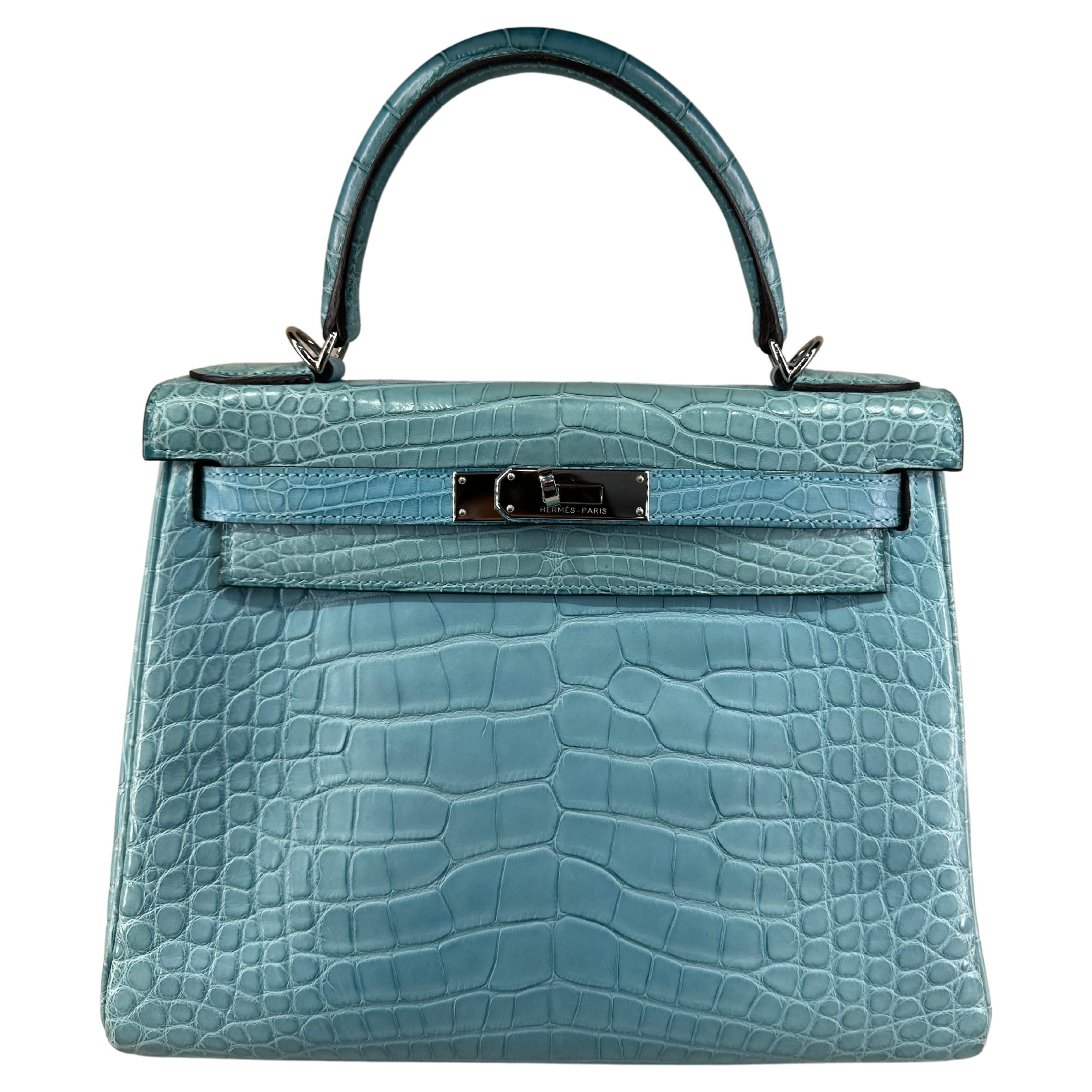 Hermes Kelly 28 Matte Crocodile Bleu palladium hardware bag For Sale