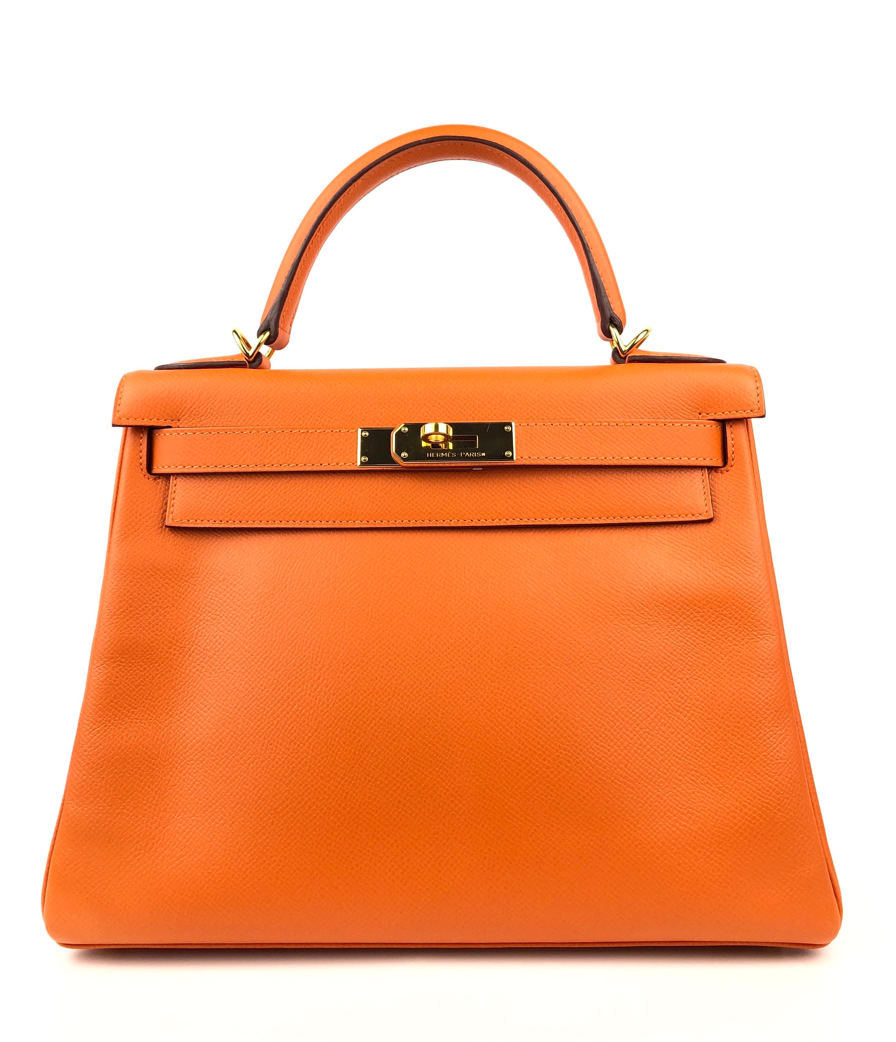 Stunning Hermes Kelly 28 Orange Epsom Gold Hardware. Excellent Condition, light hairlines on hardware, excellent corners and structure. 

Shop with Confidence from Lux Addicts. Authenticity Guaranteed! 