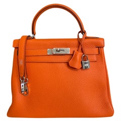 Hermes Kelly 28 Orange Togo Leather Palladium Hardware 