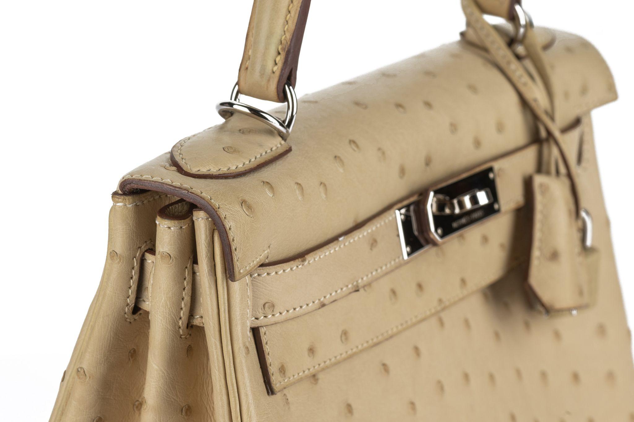 Hermès Kelly 28 Ostrich Parchemin Palladium Hardware For Sale 4