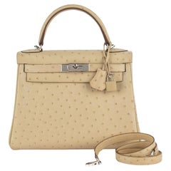 Hermès Kelly 28 Straußenparchemin Palladium Hardware