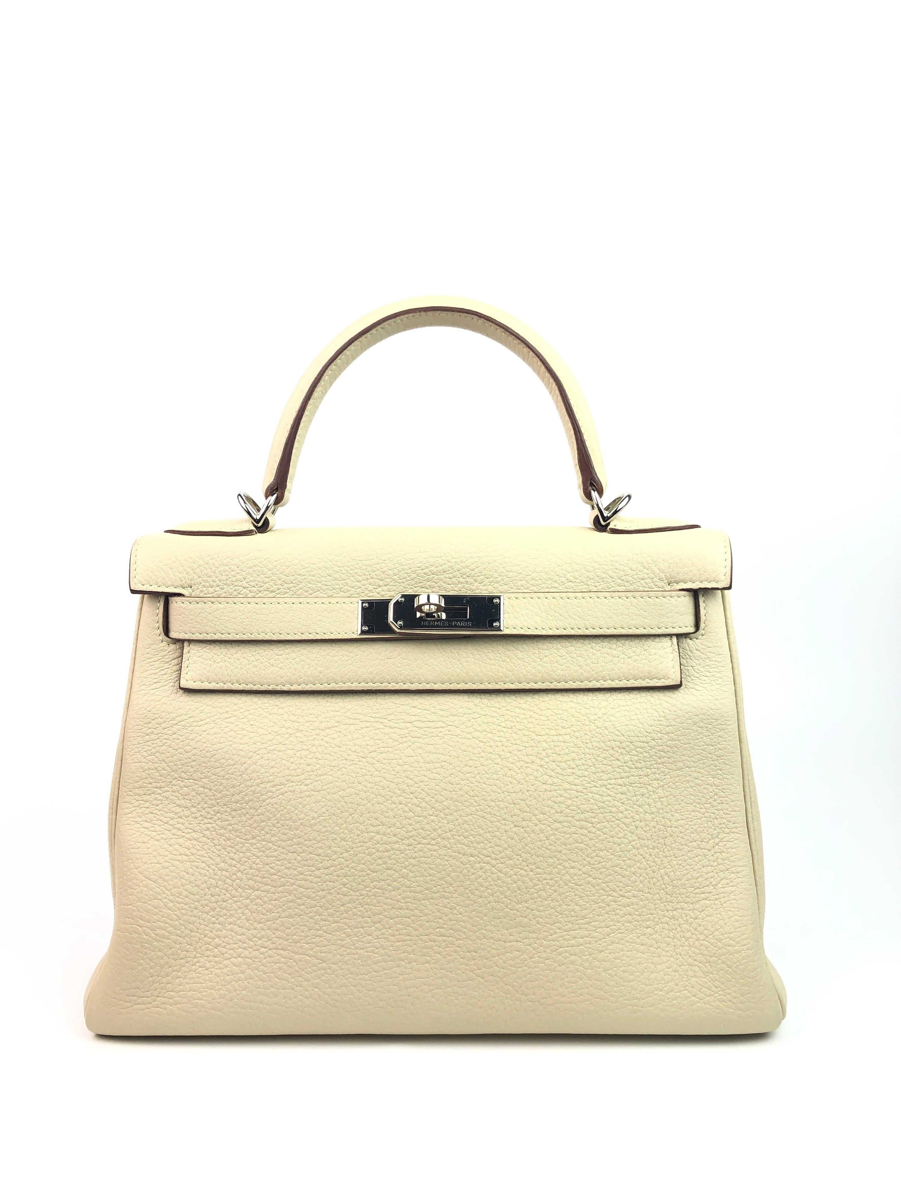 Hermes Kelly 28 Parchemin Palladium Hardware . Excellent Pristine Condition, Plastic on Hardware, perfect corners and excellent structure. 

Shop with confidence from Lux Addicts. Authenticity guaranteed or money back.
