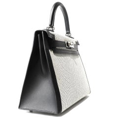 Hermès Kelly 28 Quadrille Sellier Black Swift and Ecru Toile PHW