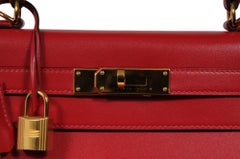 Hermes Kelly 28 Red Box Calfskin Bag Top Handle Shoulder Strap Gold Hardware