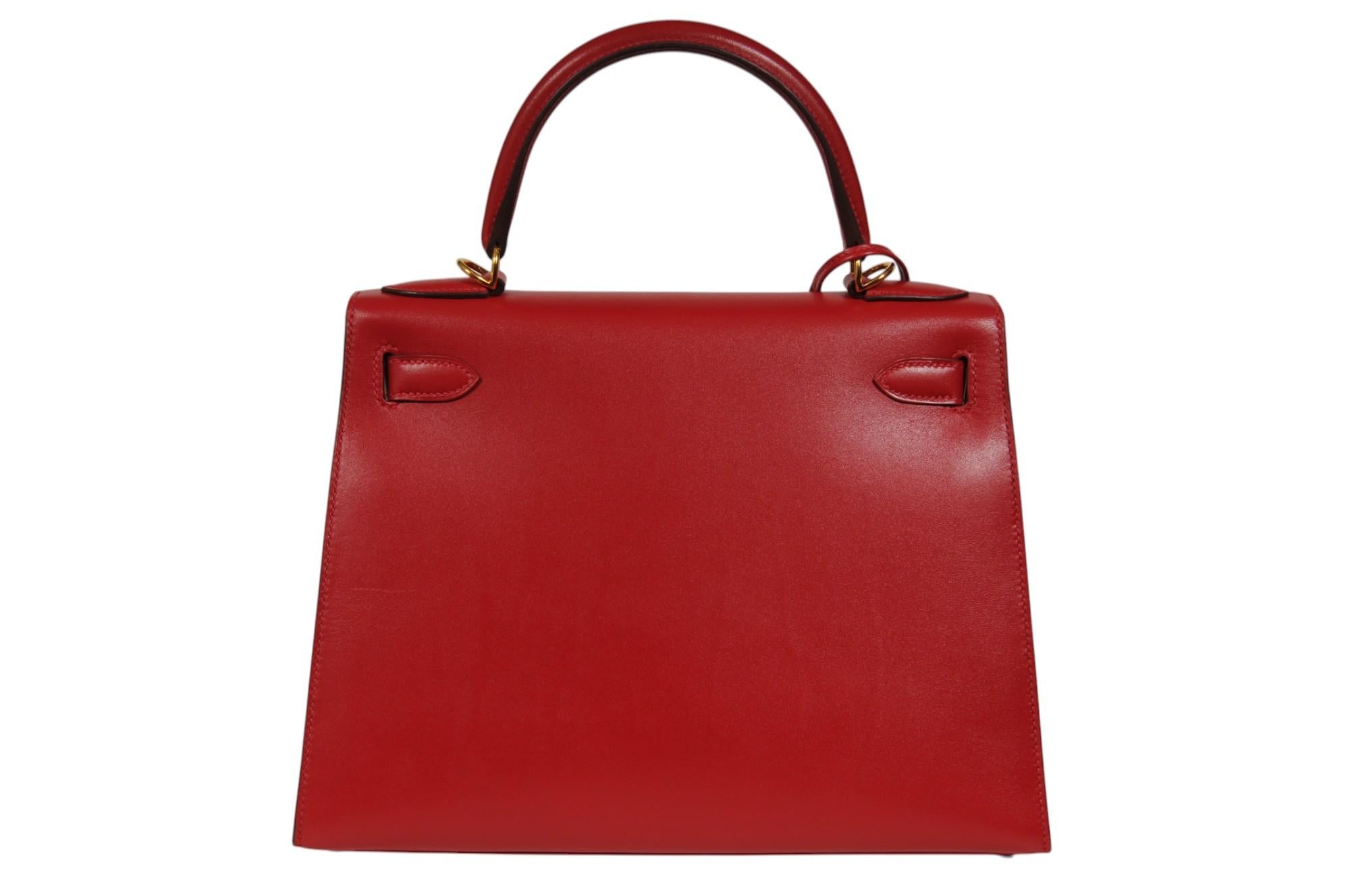 da uomo o donna Hermes Kelly 28 Red Box Borsa in pelle di vitello Manico superiore Tracolla Hardware oro in vendita