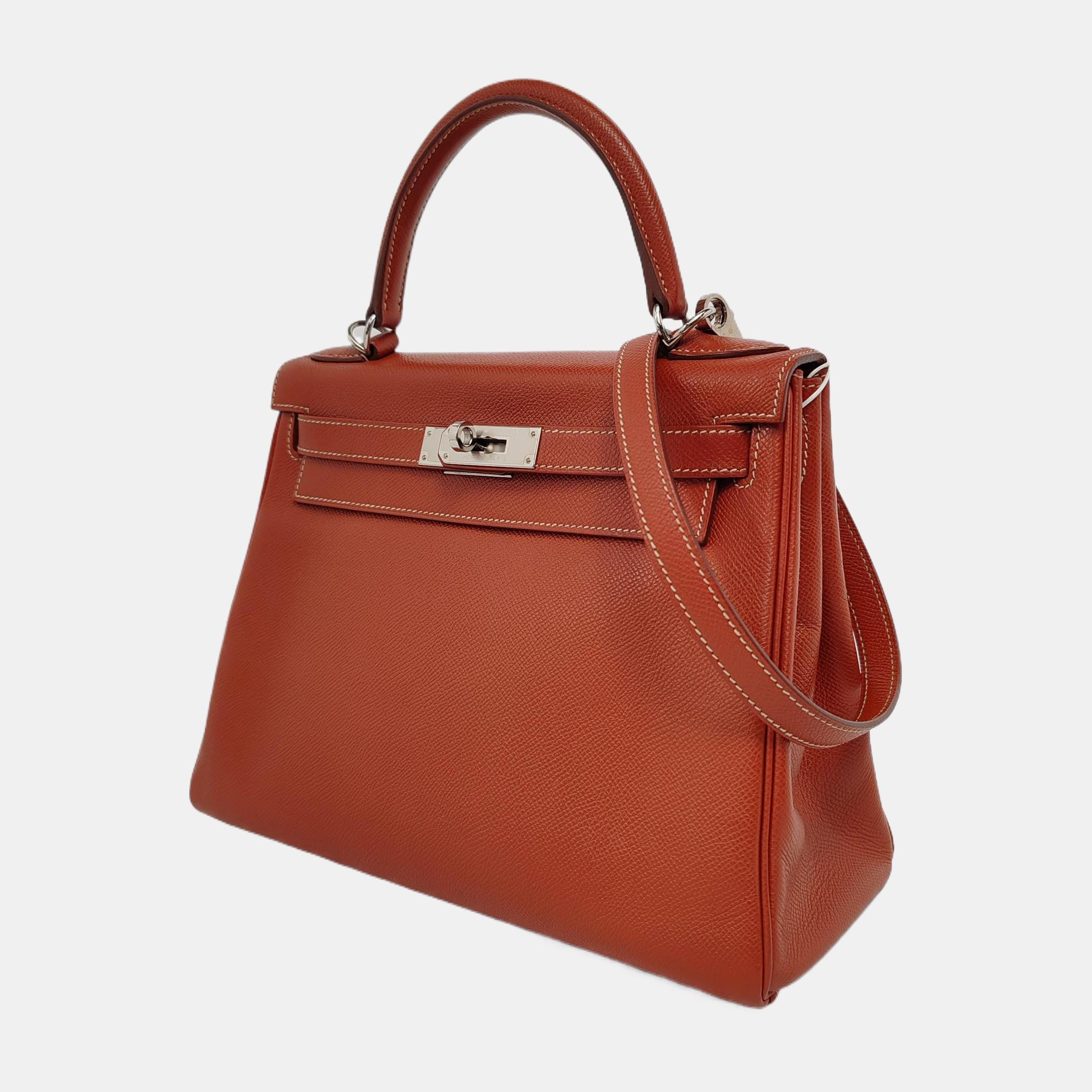 Brown Hermes Kelly 28 Retourne 9T Epsom Leather White Stitching Palladium Har