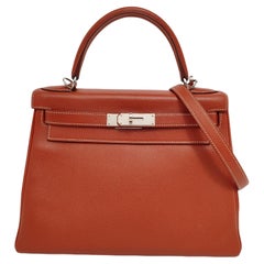 Hermes Kelly 28 Retourne 9T Epsom Leather White Stitching Palladium Har