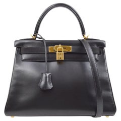 HERMES Kelly 28 Retourne Black Box Calfskin Leather Gold Top Handle Shoulder Bag