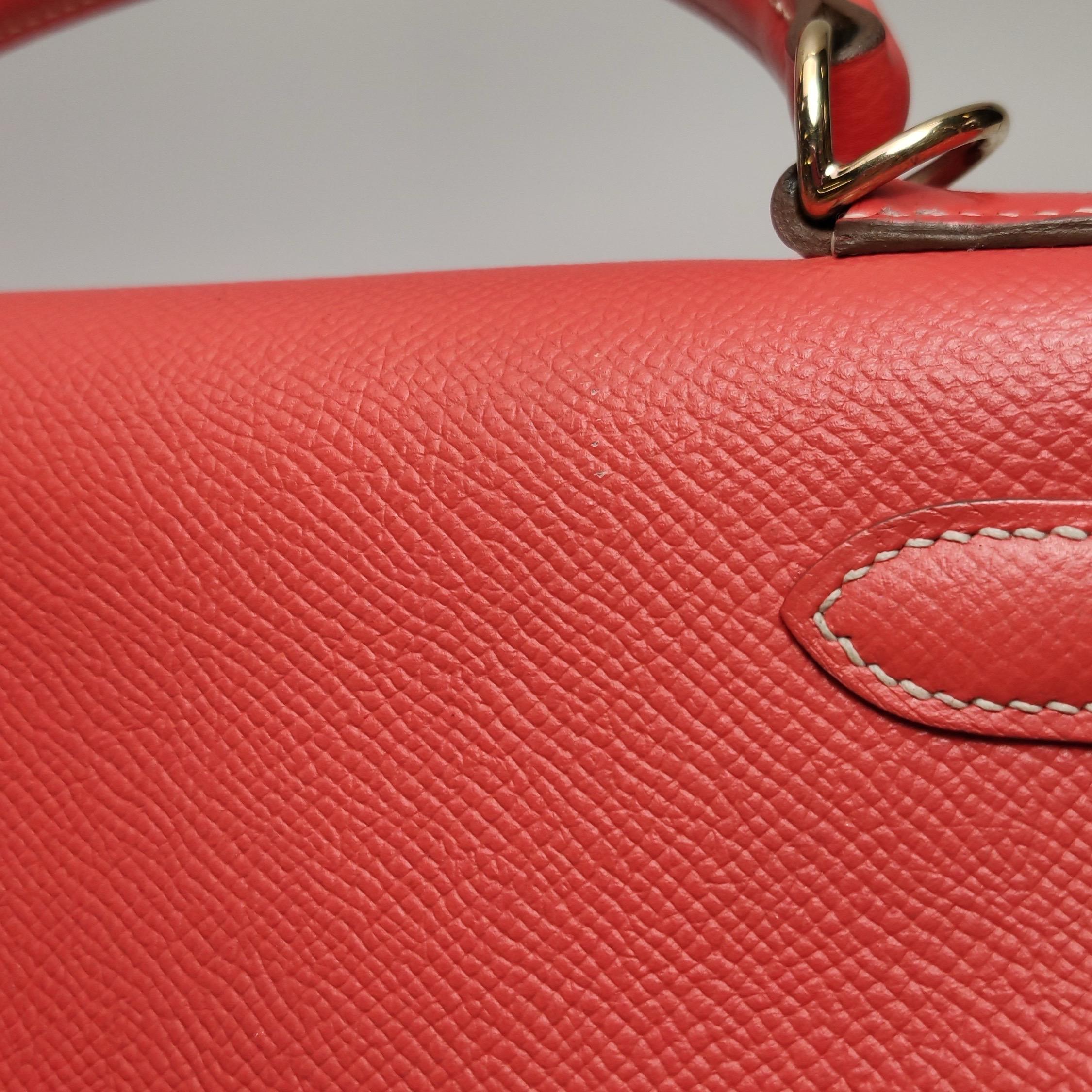 Hermes Kelly 28 Retourne Calfskin Leather Rose Exterior Brown Interior Gold Hard 10