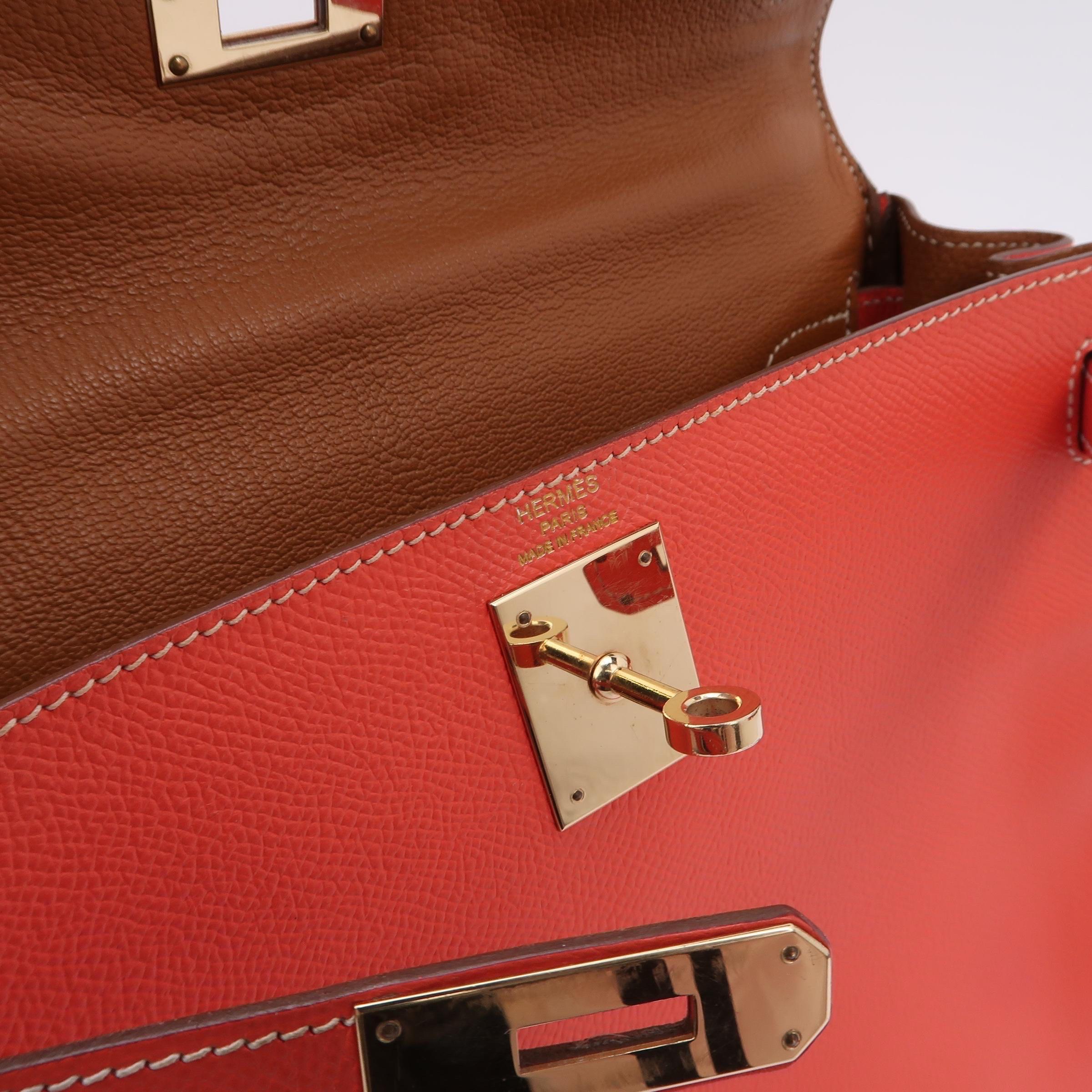 Red Hermes Kelly 28 Retourne Calfskin Leather Rose Exterior Brown Interior Gold Hard