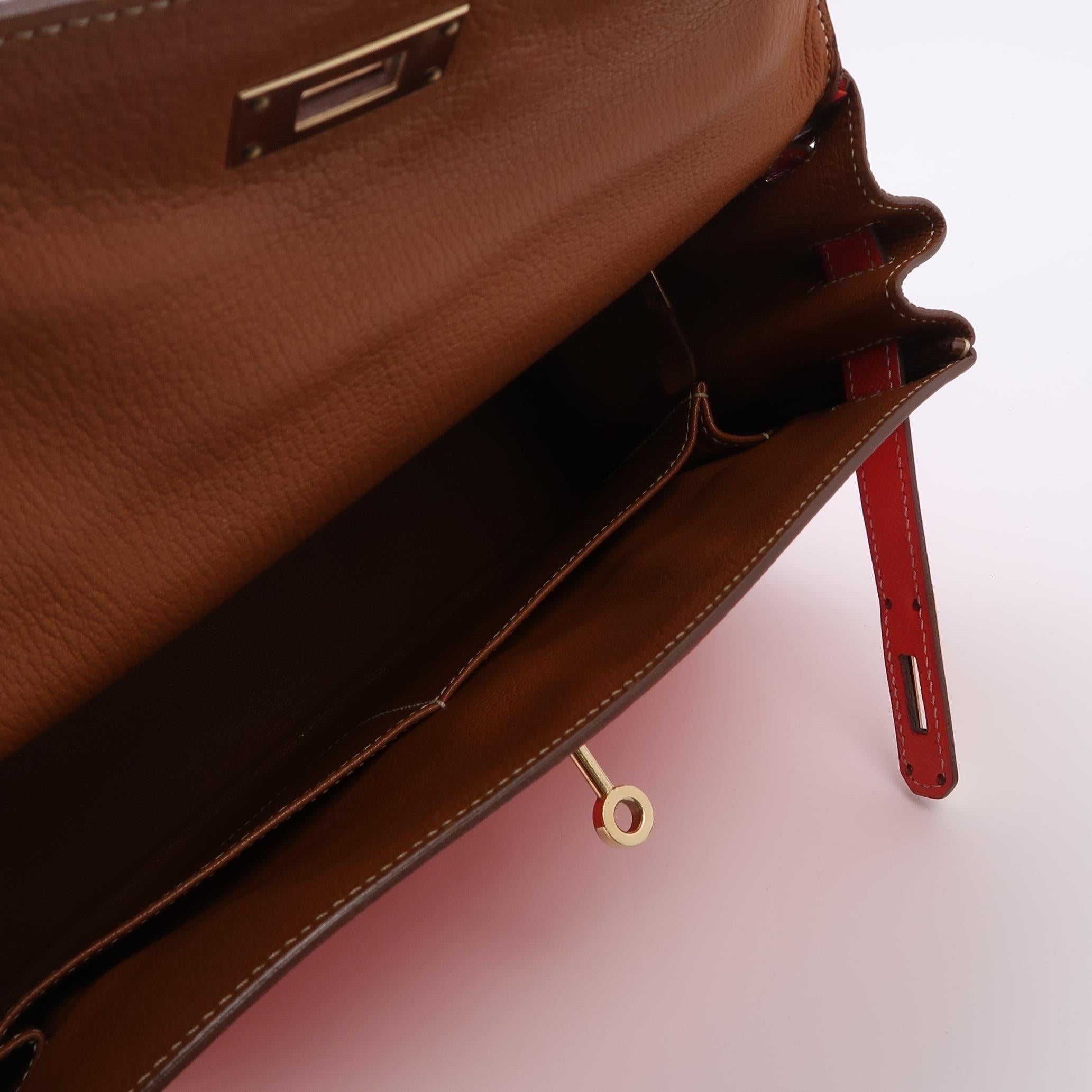 Hermes Kelly 28 Retourne Calfskin Leather Rose Exterior Brown Interior Gold Hard 3