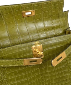 HERMES Kelly 28 Retourne Green Matte Porosus Crocodile Exotic Leather Gold Bag