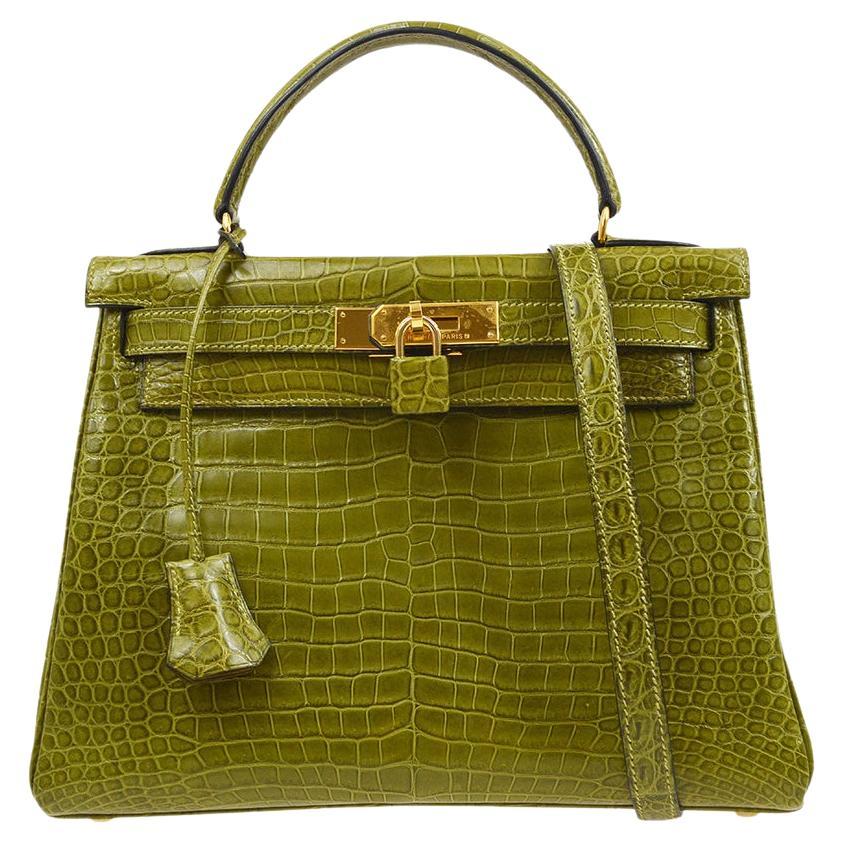 HERMES Kelly 28 Retourne Green Matte Porosus Crocodile Exotic Leather Gold Bag