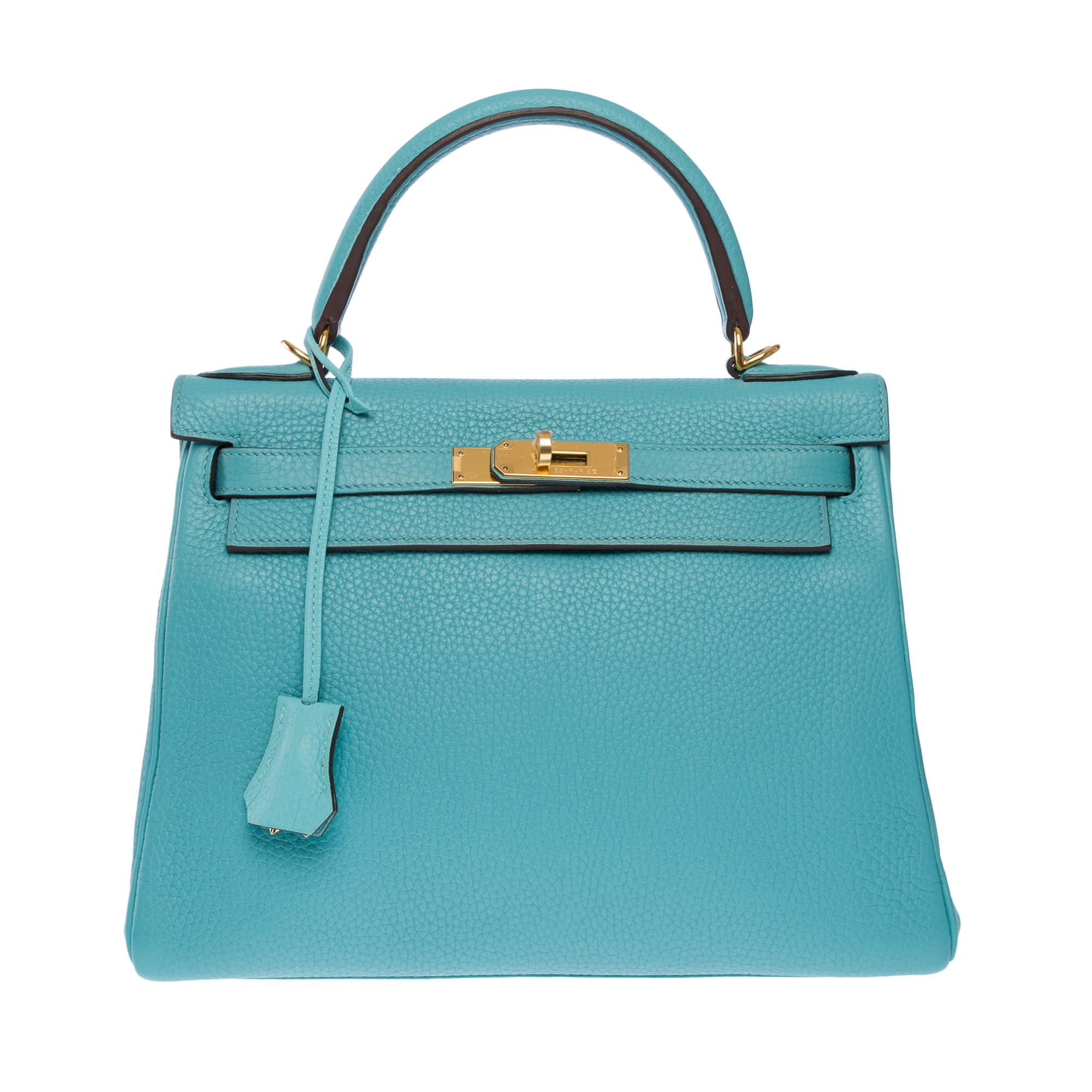 Orange Hermès Kelly 28 retourne handbag strap in Atoll Blue Togo Calf leather, GHW For Sale