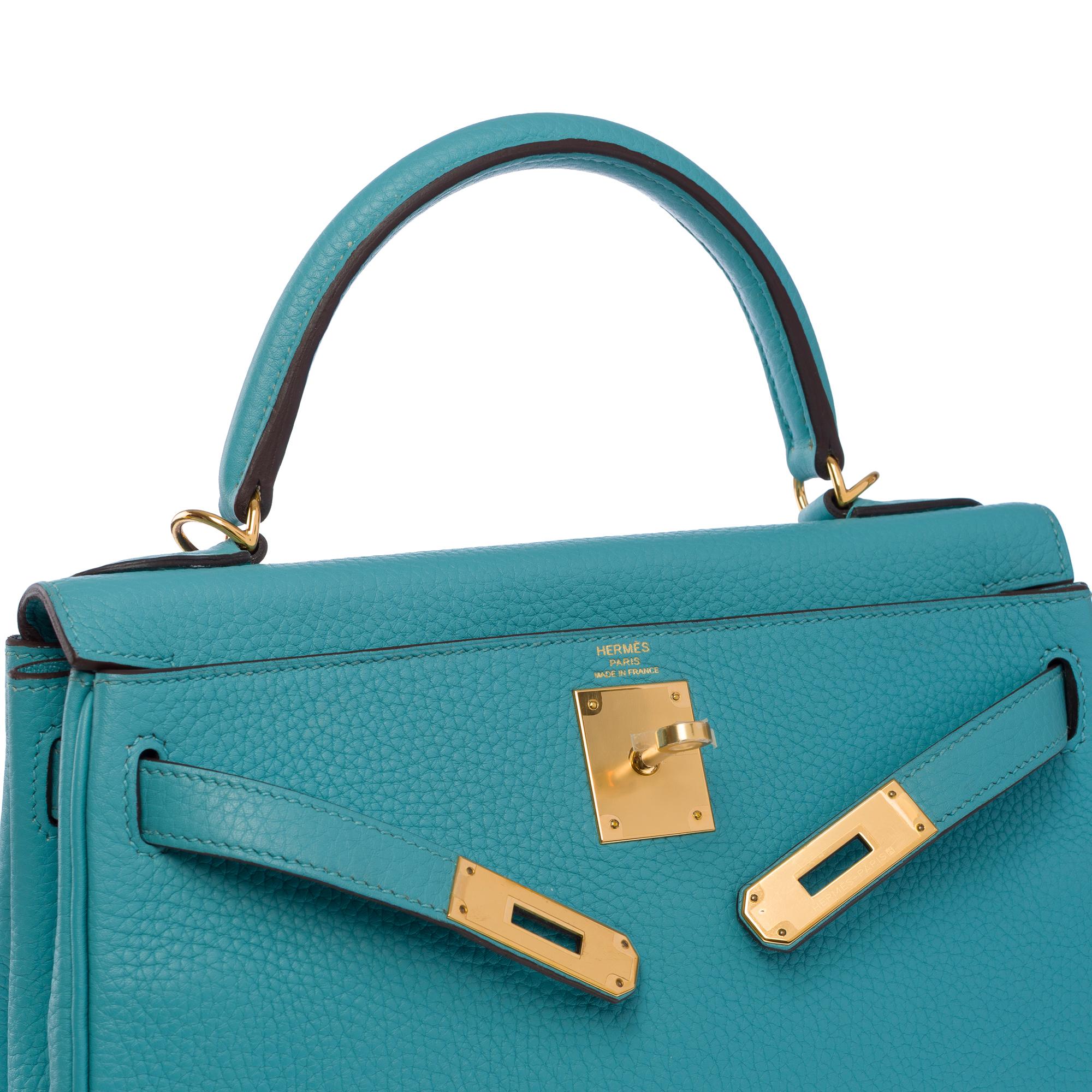 Hermès Kelly 28 retourne handbag strap in Atoll Blue Togo Calf leather, GHW For Sale 2