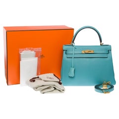 Hermès Kelly 28 retourne handbag strap in Atoll Blue Togo Calf leather, GHW