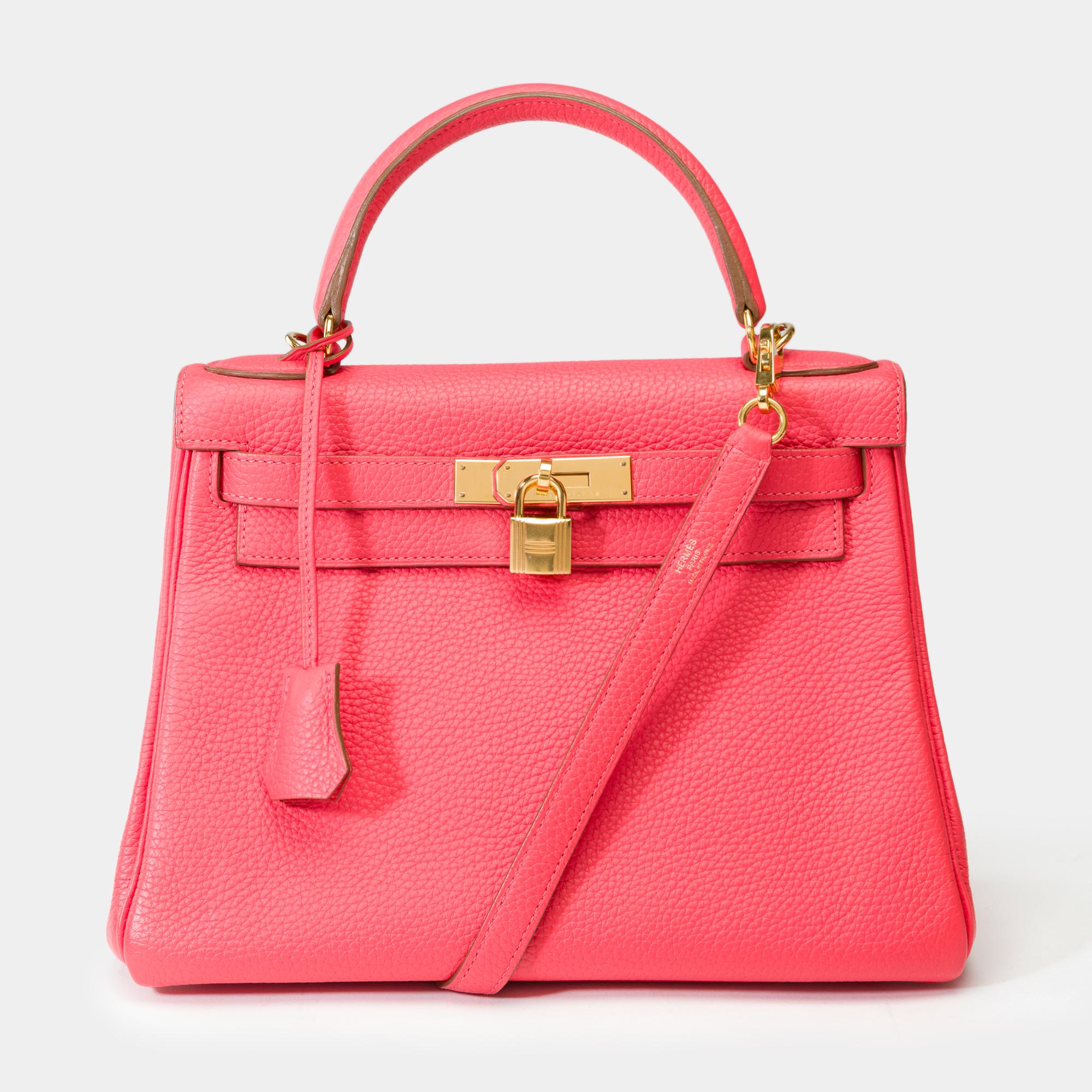 Pink Hermes Kelly 28 retourne handbag strap in Rose Lipstick Togo leather, GHW