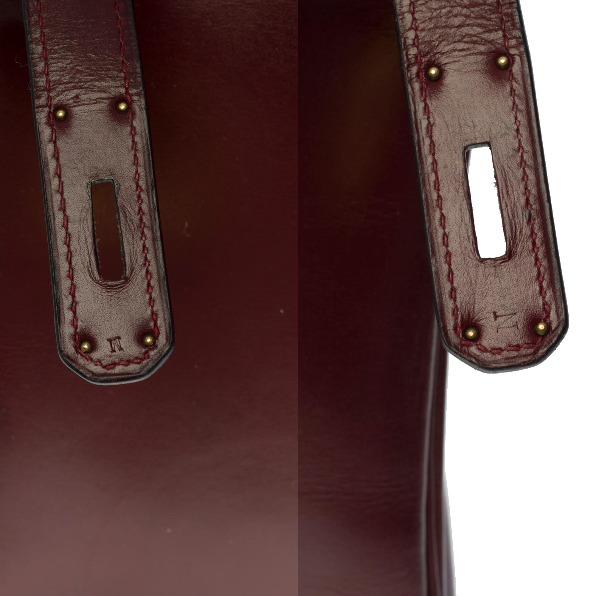 Black Hermes Kelly 28 retourne handbag strap in Rouge H (Burgundy) box calfskin, GHW