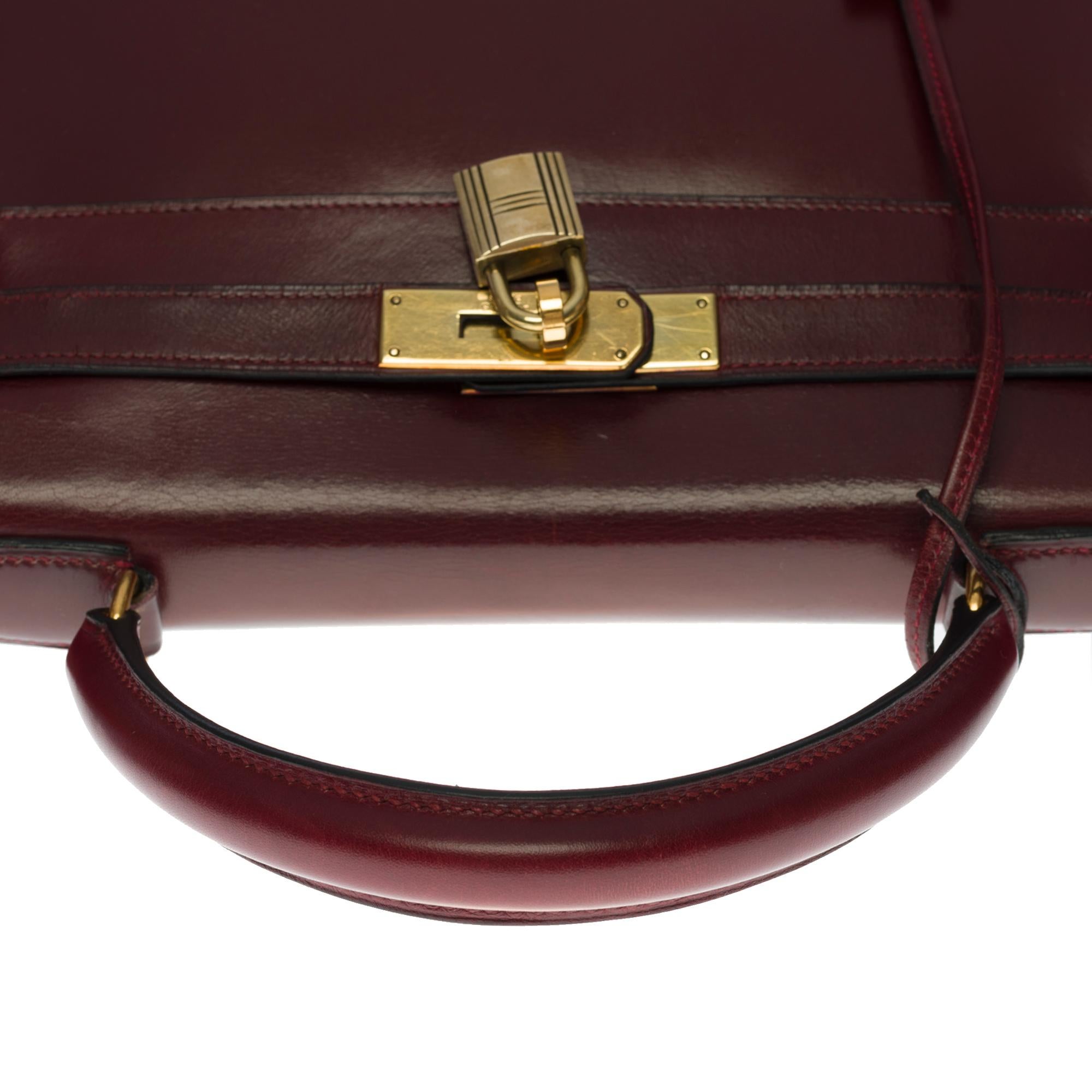 Women's Hermes Kelly 28 retourne handbag strap in Rouge H (Burgundy) box calfskin, GHW