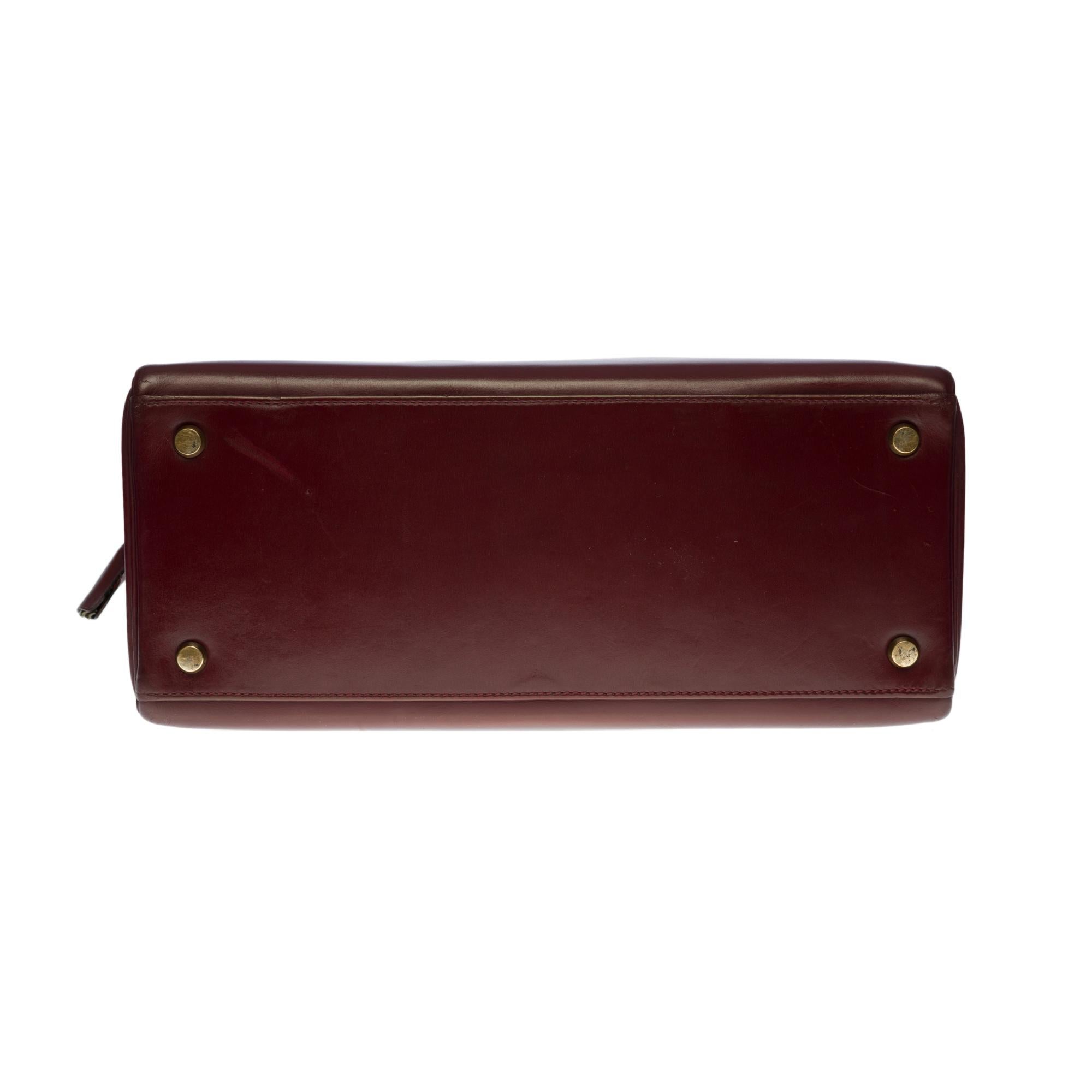 Hermes Kelly 28 retourne handbag strap in Rouge H (Burgundy) box calfskin, GHW 1