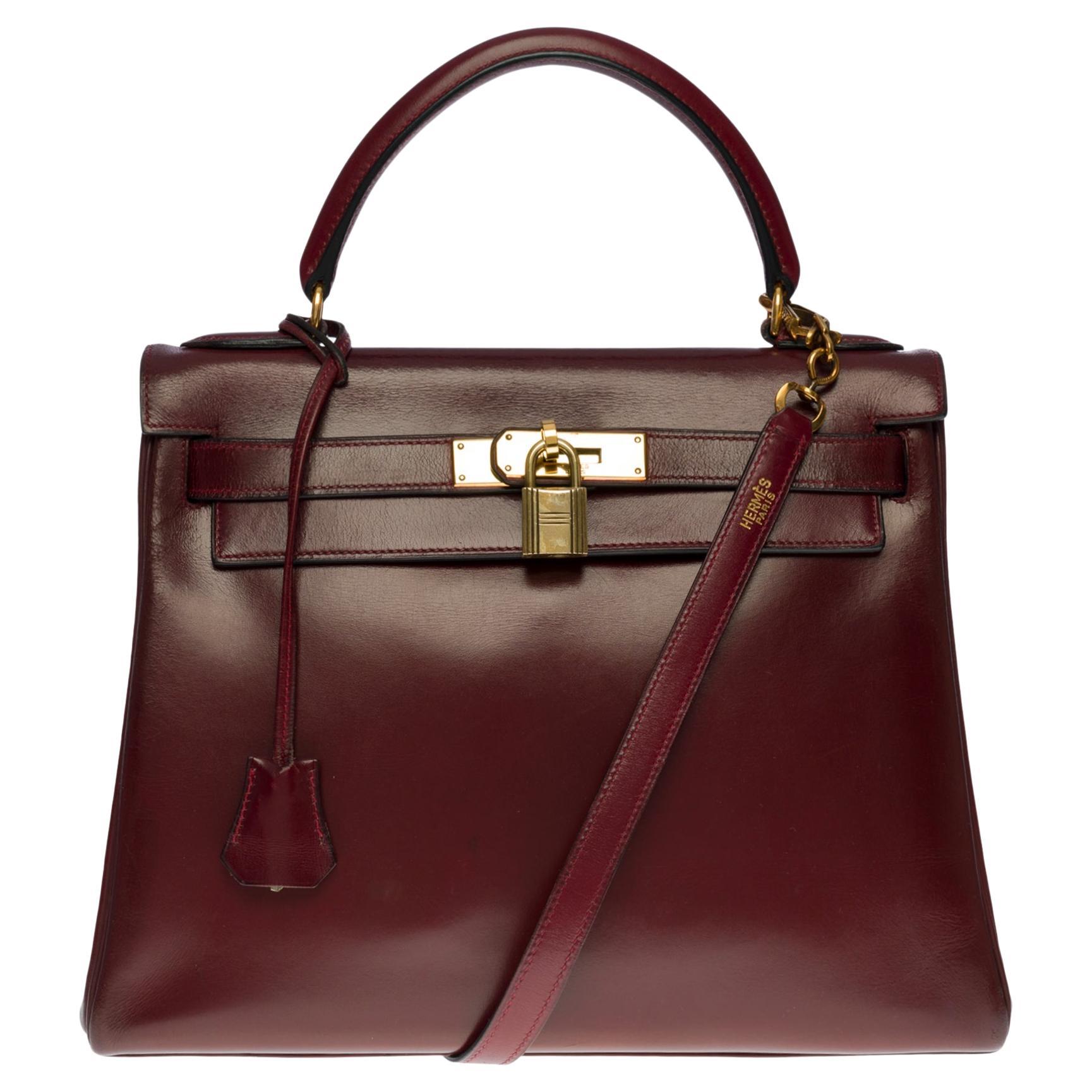 Hermes Kelly 28 retourne handbag strap in Rouge H (Burgundy) box calfskin,GHW