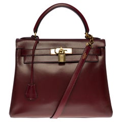 Hermes Kelly 28 retourne handbag strap in Rouge H (Burgundy) box calfskin, GHW