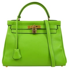 HERMES  Kelly 28 Retourne Lime Green Gulliver Leather Gold  Top Handle Bag