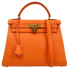 HERMES Kelly 28 Retourne Orange Gulliver Leather Gold Top Handle Shoulder Bag