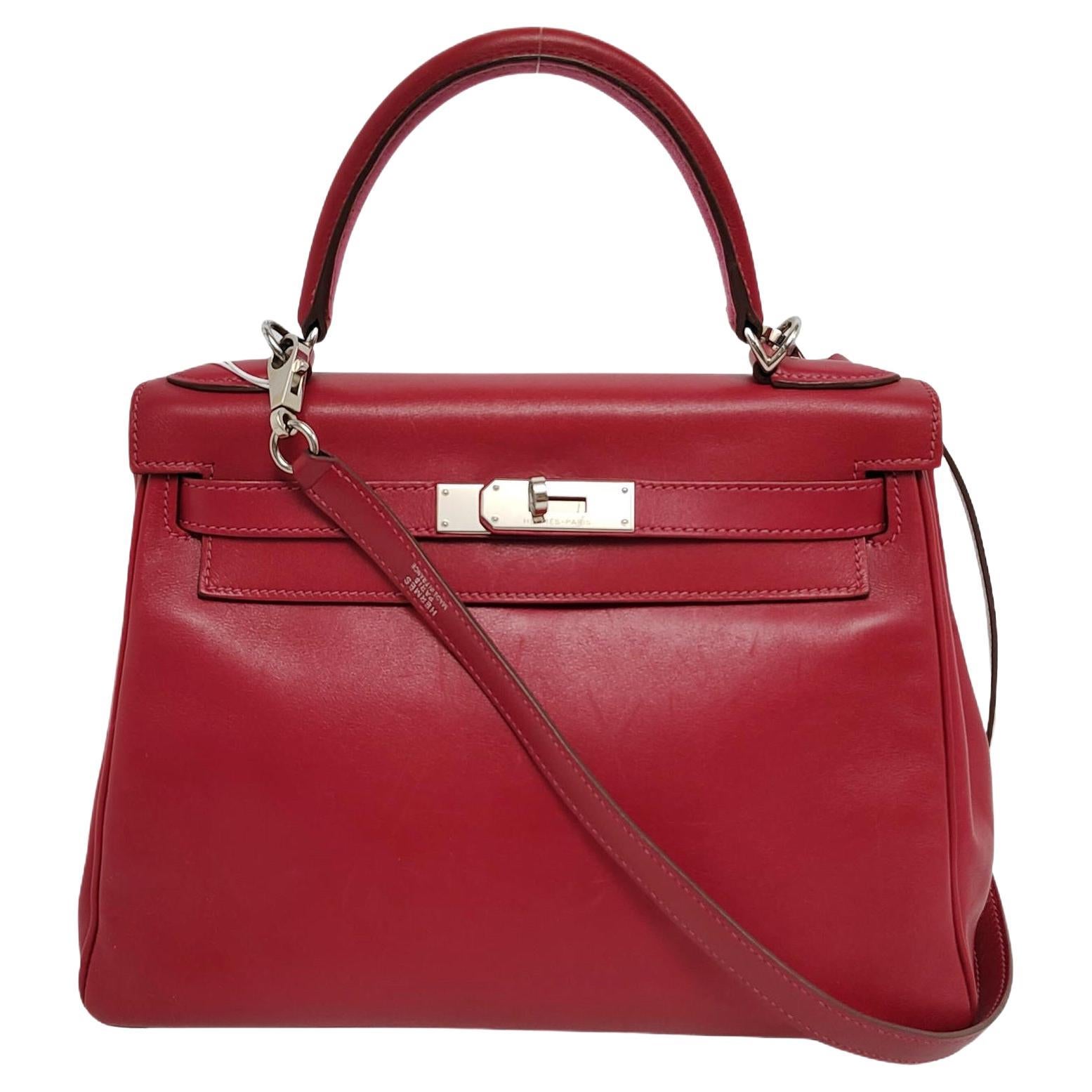 Hermes Kelly 28 Retourne Rouge Grenat/Vermillon Red Box Leather Gold Hardware 20 For Sale