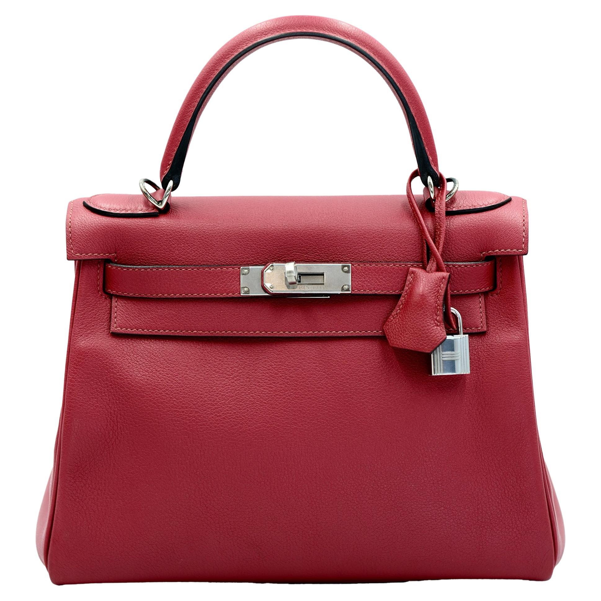 Hermes Kelly 28 Retourne Rubis Evergrain avec quincaillerie Palladium en vente
