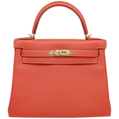 Hermes Kelly 28 Retourne Togo Feu Sanguine Gold Tone Hardware Handbag GHW