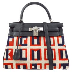 HERMES Kelly 28 Retourne Toile Red Blue Canvas Top Handle Shoulder Tote Bag