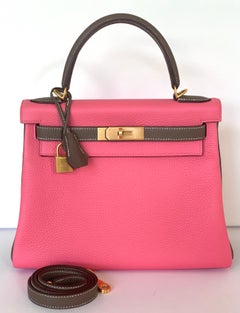 Hermes Kelly 28 Rose Azalea Pink  and Etoupe Brushed Gold Hardware