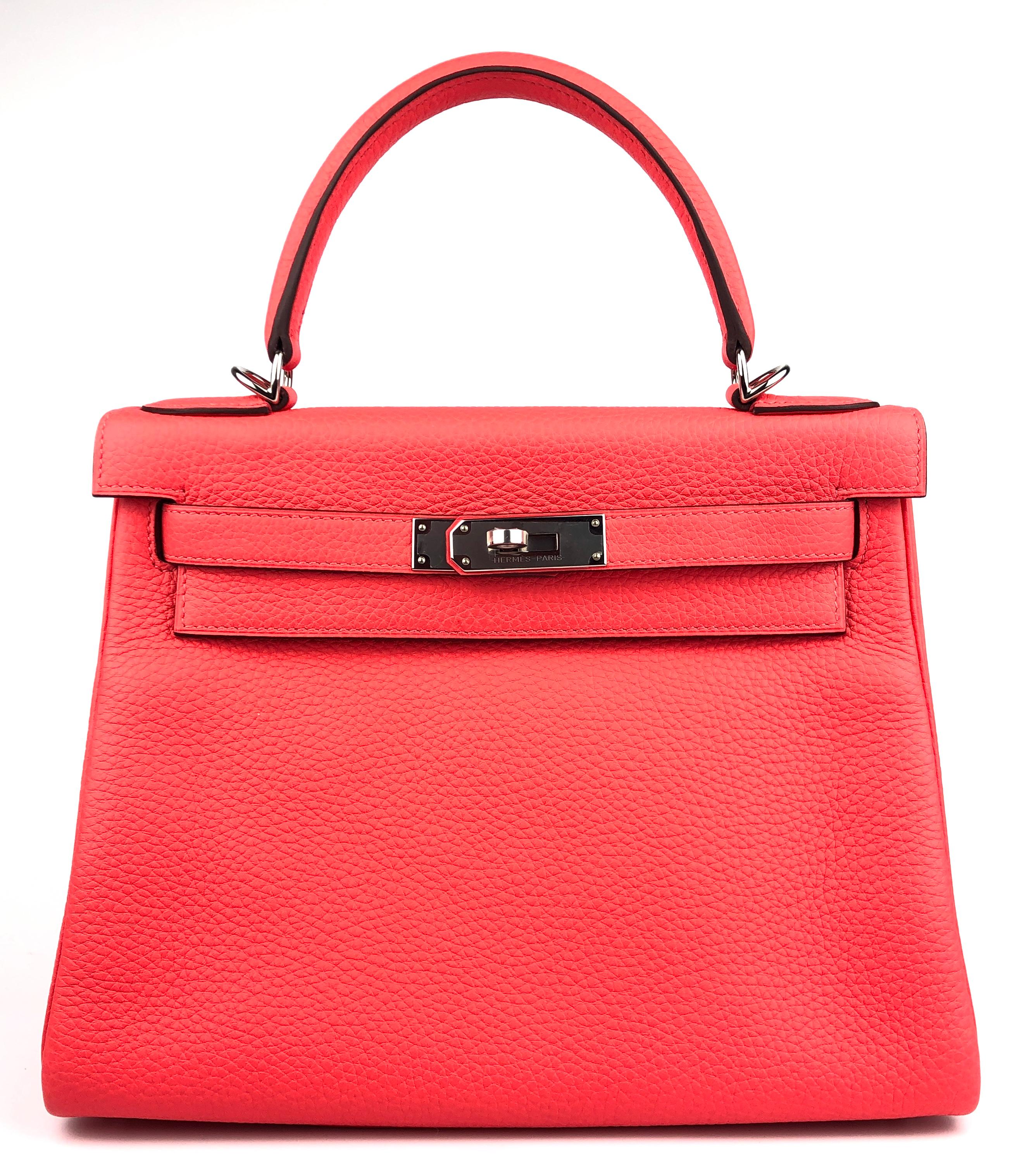 Rare Stunning 2020 As New Hermes Kelly 28 Rose Texas Leather Palladium. As New with plastic on all Hardware and feet! 

Shop with Confidence from Lux Addicts. Authenticity Guaranteed! 

Lux Addicts is a Premier Luxury Dealer and one of the most