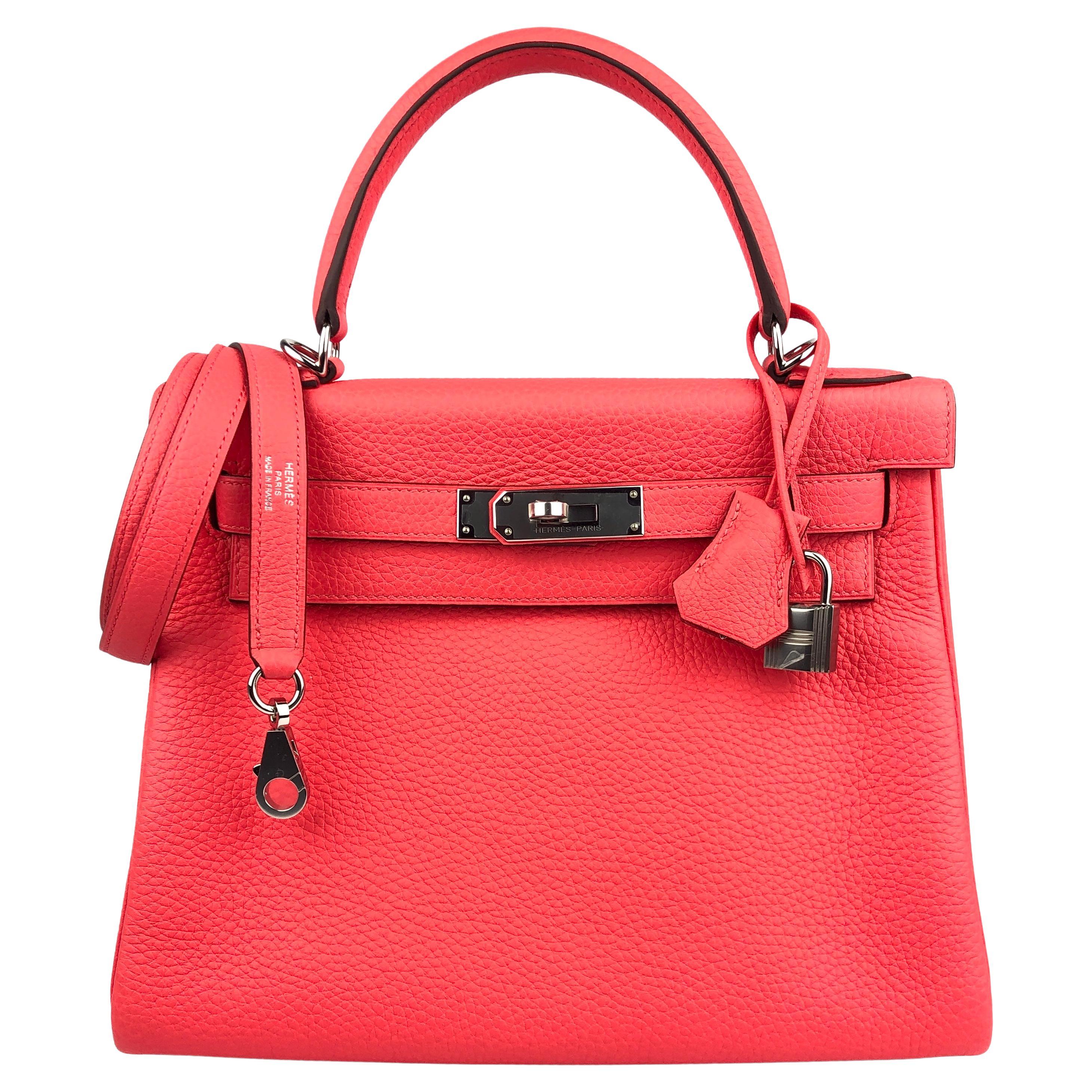Hermes Kelly 28 Rose Texas Pink Leather Palladium Hardware NEW For Sale