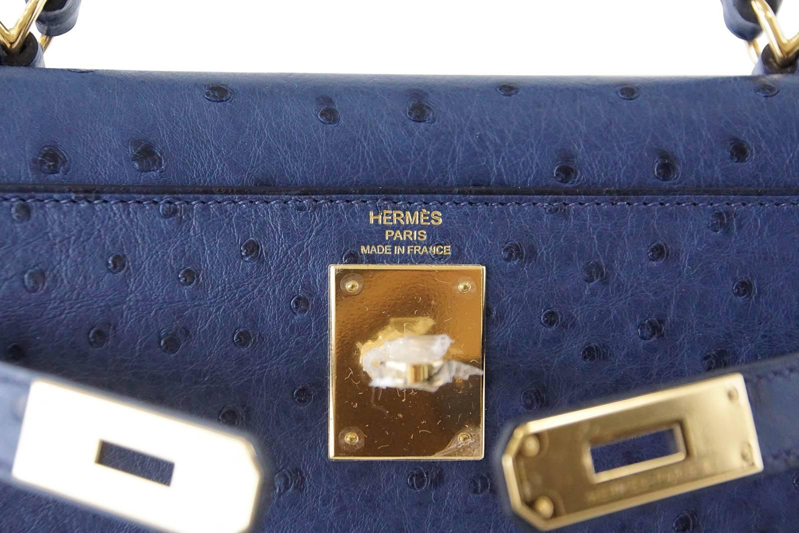 Guaranteed authentic exquisite Hermes 28 Sellier Ostrich Kelly bag in rich Blue Iris.
Chic and timeless.
Rare with Gold hardware.
Comes with lock, keys, strap, clochette, sleepers, raincoat and signature Hermes box.   
NEW or NEVER WORN.  
final
